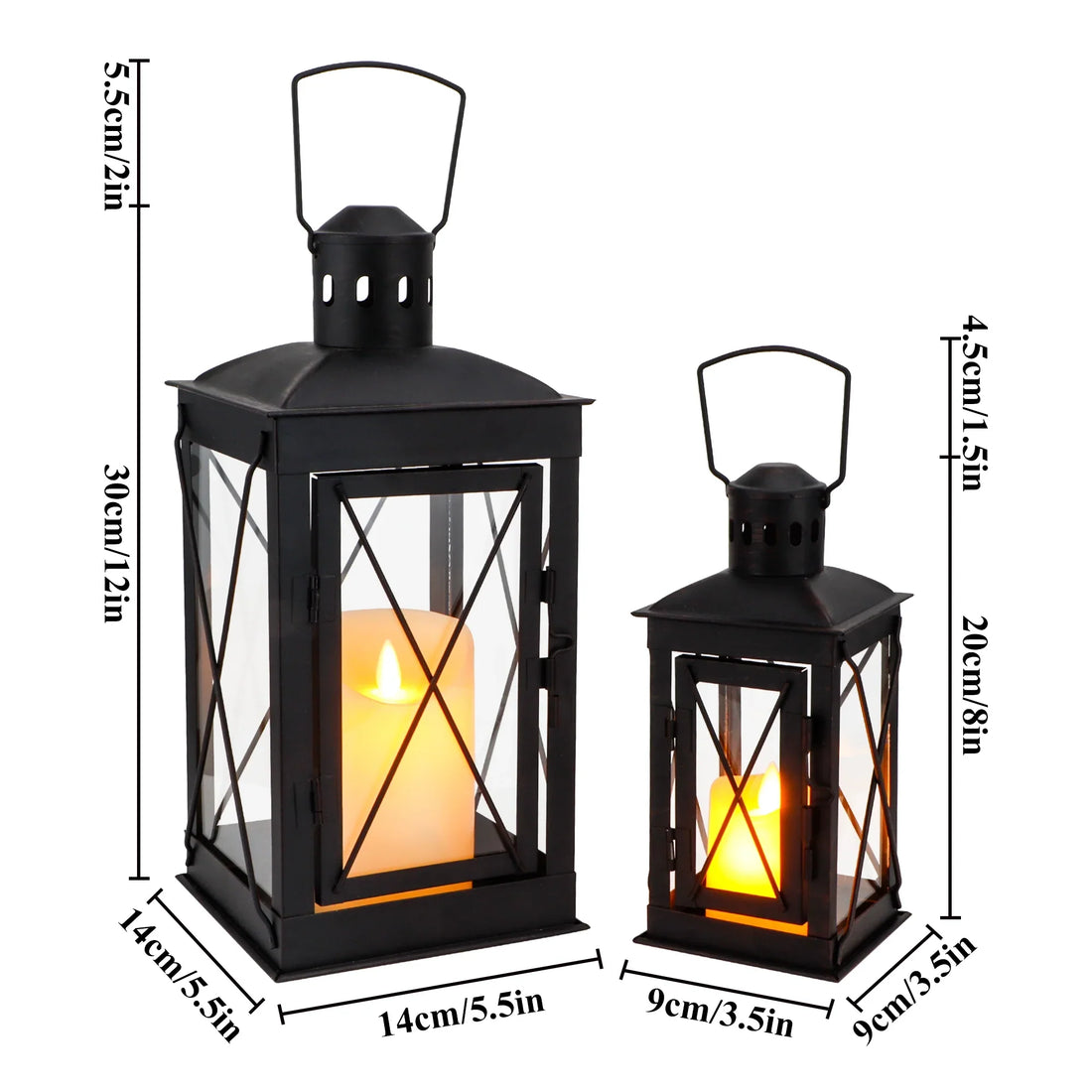 Iron and glass hanging lanterns lit at an outdoor dinner table