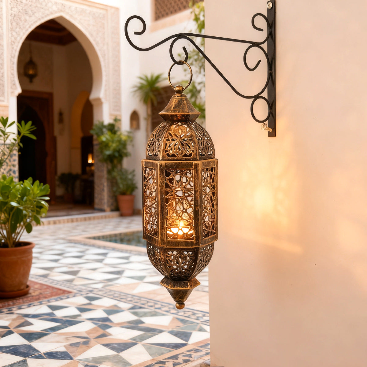 Lantern lit at dusk, scattered light pattern