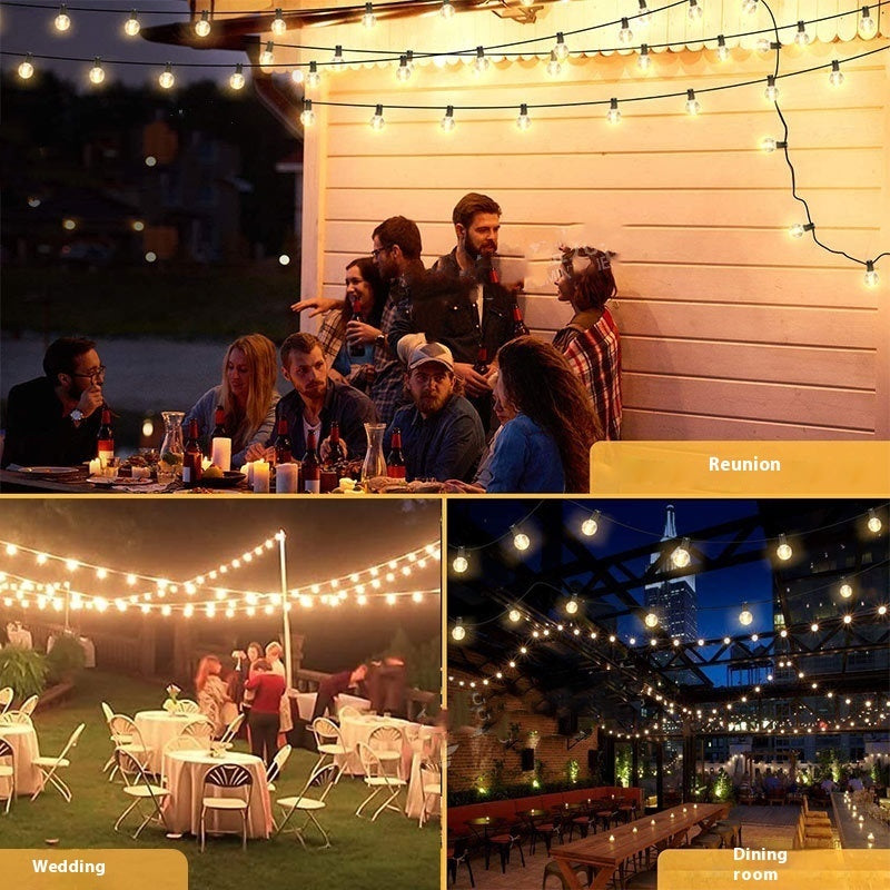 Warm white G40 globe string lights lit at dusk