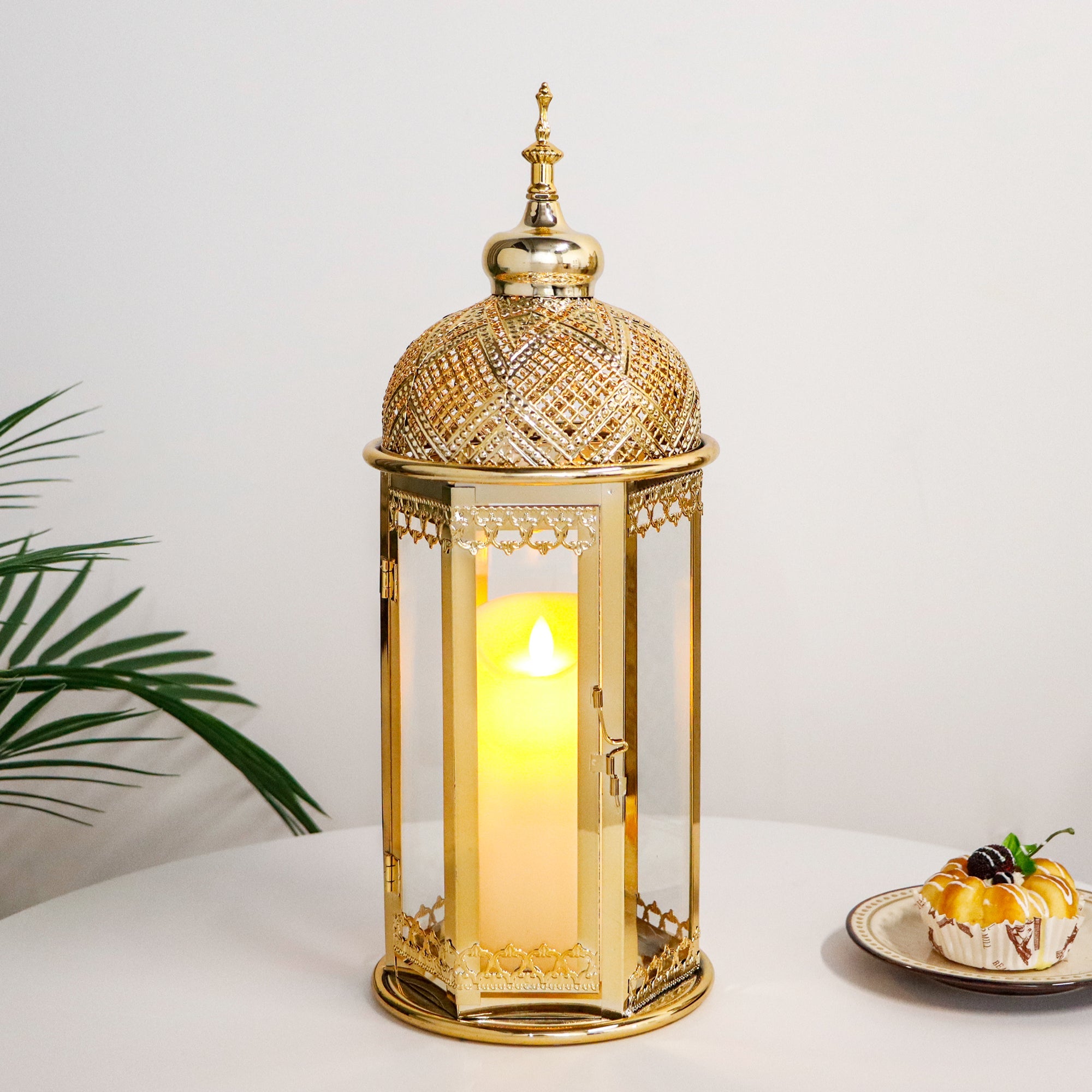 Gold hexagonal candle lantern, seventeen inches tall